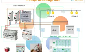 Schéma de câblage KNX montrant un tableau électrique, des modules pour éclairages et stores, et le bus KNX. Chaque fil est essentiel.