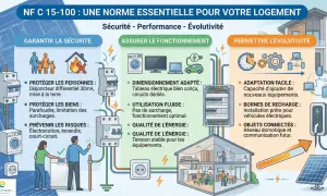 Infographie expliquant la norme électrique NF C 15-100 pour la sécurité, le bon fonctionnement et l'évolutivité du logement.