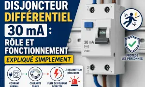 Un disjoncteur différentiel 30 mA protège les personnes. Il détecte les fuites de courant et coupe l'alimentation pour éviter les chocs électriques.