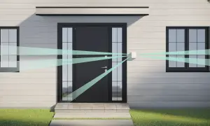 Un détecteur blanc émet des faisceaux lumineux bleus vers la porte d'entrée et les fenêtres, illustrant un système d'alarme périmétrique.