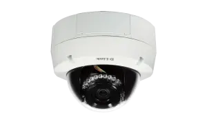 Caméra de surveillance D-Link blanche, type dôme, avec lentille et LED infrarouges visibles. Une caméra WDR pour une vision claire.