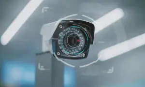 Caméra de surveillance moderne avec des lumières infrarouges. Elle est prête à enregistrer, ce qui signifie que "rec" sur une caméra indique qu'elle est en mode d'enregistrement actif.
