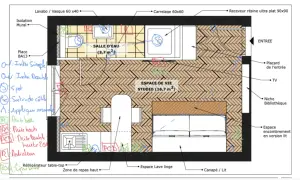 Plan d'un studio avec salle d'eau, espace de vie, et indications pour le prix d'installation électrique d'un appartement.