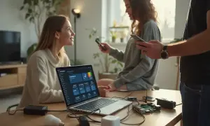 Trois personnes interagissent avec un ordinateur portable affichant une interface de domotique, possiblement pour configurer un système zigate jeedom.