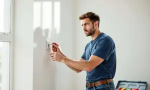 Un homme effectue un branchement d'interrupteur avec voyant. Un tournevis est utilisé pour fixer l'appareil au mur.