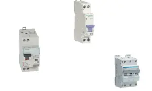 Trois disjoncteurs magnéto thermiques de marques Legrand, Schneider Electric et Hager, essentiels pour la sécurité électrique.