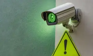Caméra de vidéosurveillance allumée, prête pour la maintenance. Un panneau de signalisation jaune avec un point d'exclamation est visible à proximité.
