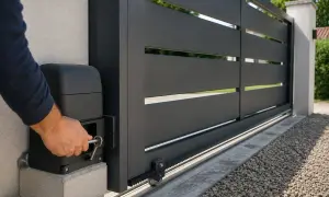Main tenant utilise une clé pour comment débrayer un portail électrique. Le portail est gris foncé, moderne, avec des lattes horizontales.