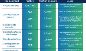 Tableau comparatif des circuits électriques : type, calibre disjoncteur, section de câble et usage. Exemples : éclairage, prises, volets roulants, chauffage, plaque de cuisson, pompe à chaleur.
