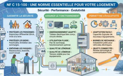 Infographie expliquant la norme électrique NF C 15-100 pour la sécurité, le bon fonctionnement et l'évolutivité du logement.