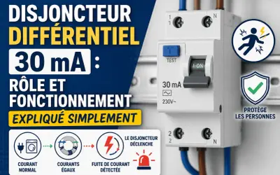 Un disjoncteur différentiel 30 mA protège les personnes. Il détecte les fuites de courant et coupe l'alimentation pour éviter les chocs électriques.