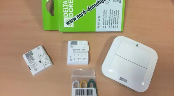 Ensemble de domotique Delta Dore : interrupteurs sans fil TYXIA 2600, 5610, 2310 et une commande murale.