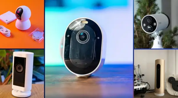 Collection de caméras intelligentes : une caméra rotative blanche, une caméra de sécurité Ring, une caméra extérieure Tapo et une caméra Netatmo dorée.