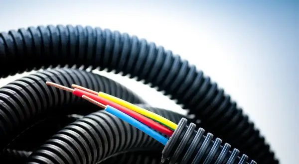 Trois fils électriques aux couleurs vives (rouge, jaune, bleu) sortent d'une gaine électrique noire ondulée.