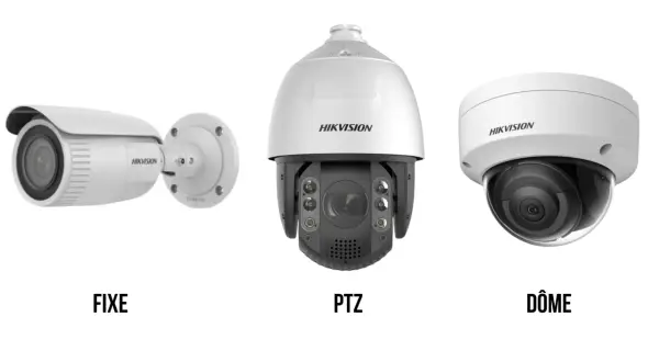 Trois caméras de surveillance Hikvision : fixe, PTZ et dôme. Idéales pour une surveillance vidéo dans le cloud.