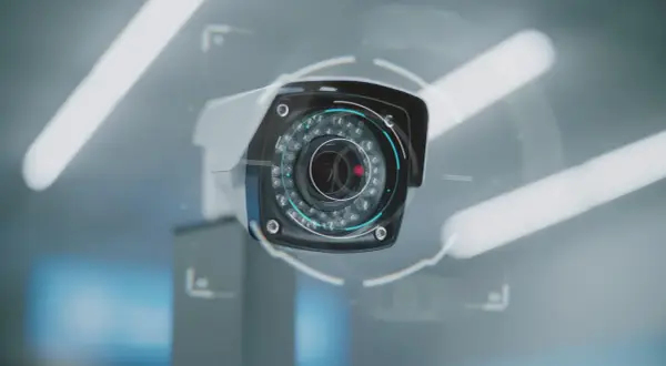 Caméra de surveillance moderne avec des lumières infrarouges. Elle est prête à enregistrer, ce qui signifie que "rec" sur une caméra indique qu'elle est en mode d'enregistrement actif.