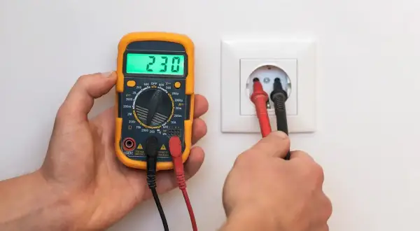 Un multimètre affiche 230V, tandis que ses sondes sont insérées dans une prise. La vérification de la prise terre est obligatoire pour la sécurité.