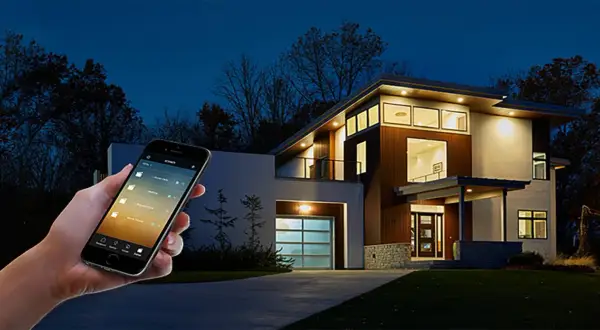 Maison moderne contrôlée par smartphone via le protocole Zigbee.