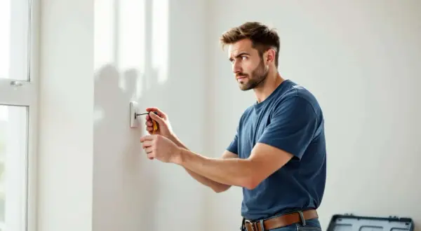 Un homme effectue un branchement d'interrupteur avec voyant. Un tournevis est utilisé pour fixer l'appareil au mur.