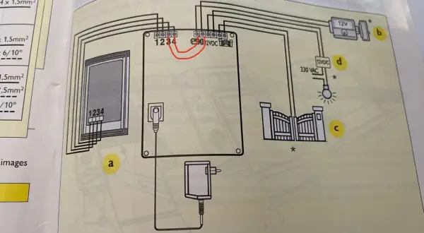 Schéma de branchement d'un visiophone Extel 2 fils : platine, alimentation 12VDC, portail et lumière.