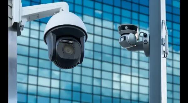 Deux caméras de vidéosurveillance entreprise montées sur un poteau, avec un bâtiment moderne en arrière-plan.