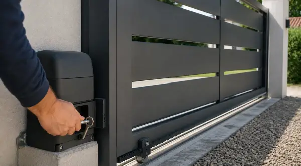 Main tenant utilise une clé pour comment débrayer un portail électrique. Le portail est gris foncé, moderne, avec des lattes horizontales.