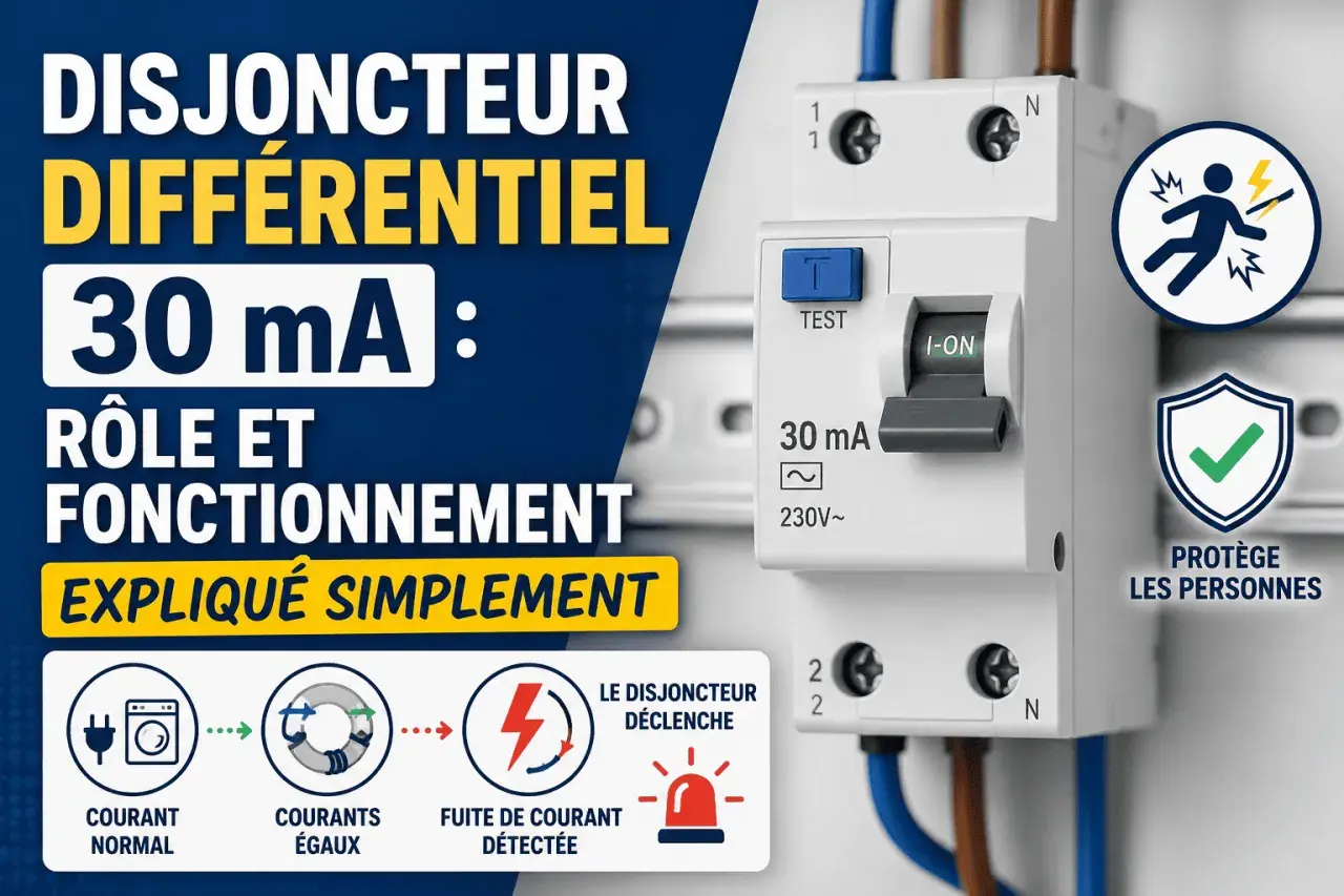 Un disjoncteur différentiel 30 mA protège les personnes. Il détecte les fuites de courant et coupe l'alimentation pour éviter les chocs électriques.