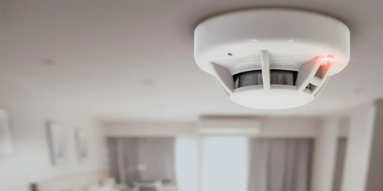 Détecteur de fumée blanc au plafond, voyant rouge allumé. Il est temps de changer la pile de ce détecteur de fumée insafe.