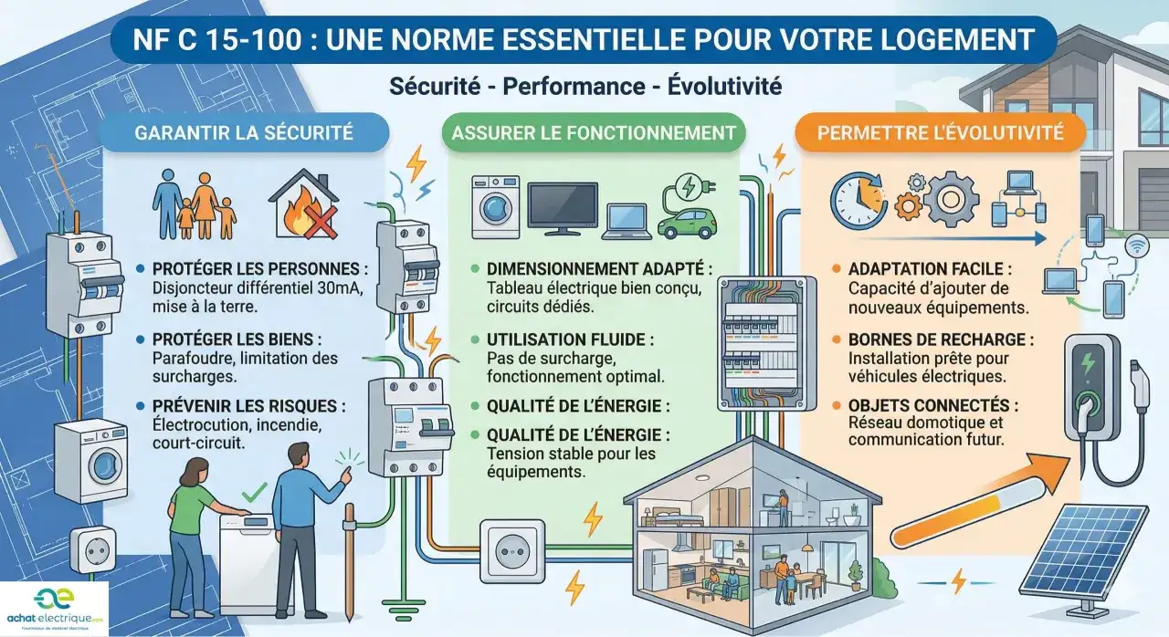 Infographie expliquant la norme électrique NF C 15-100 pour la sécurité, le bon fonctionnement et l'évolutivité du logement.