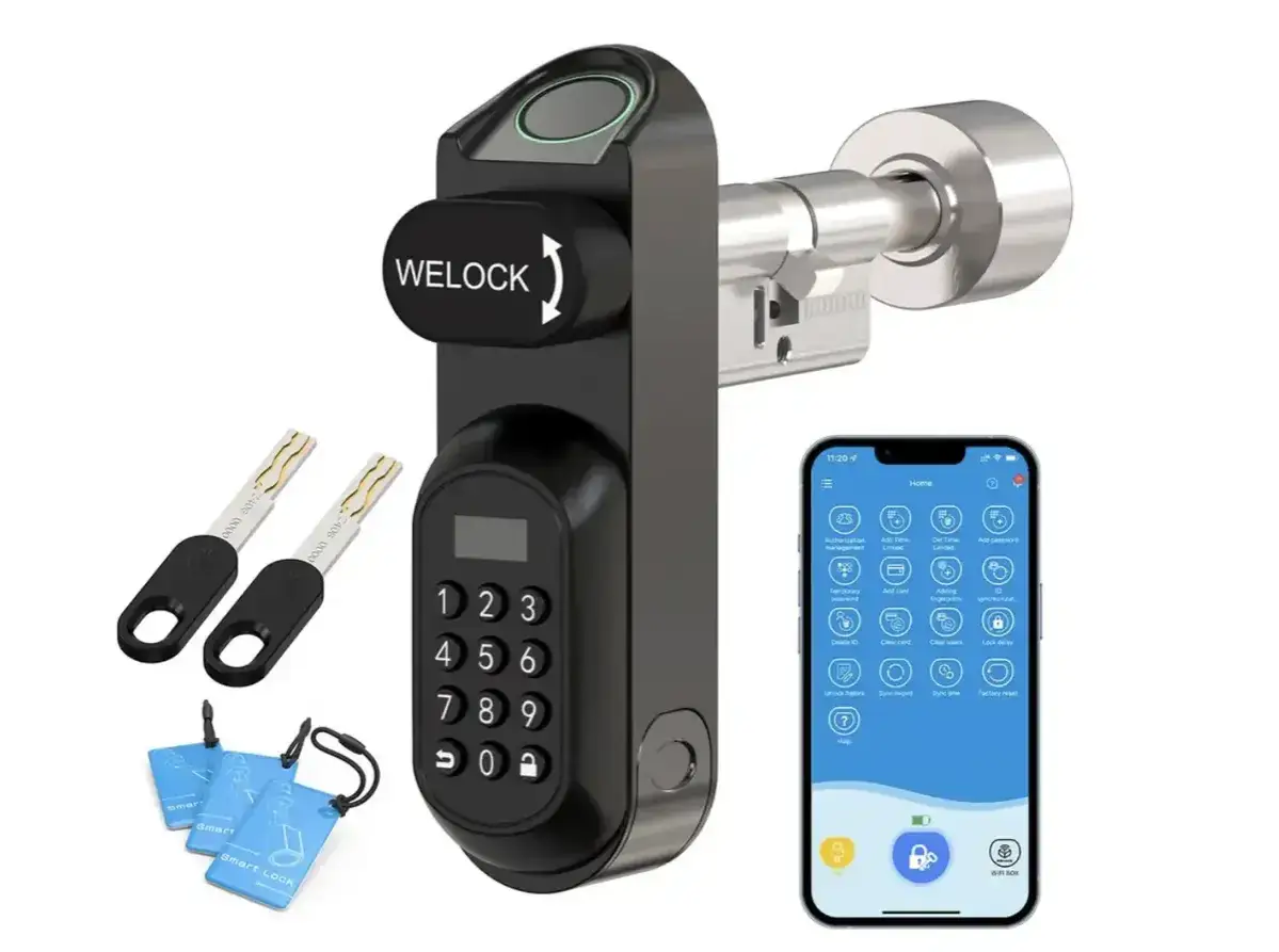 Serrure connectée avec empreinte digitale, clavier numérique et application mobile pour une gestion facile des accès, idéale pour votre Airbnb.