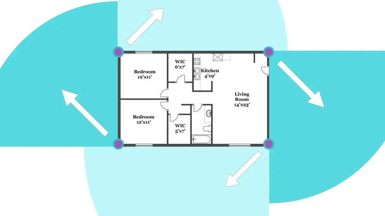 Plan d'un appartement avec zones bleues indiquant o&ugrave; placer une cam&eacute;ra de surveillance.
