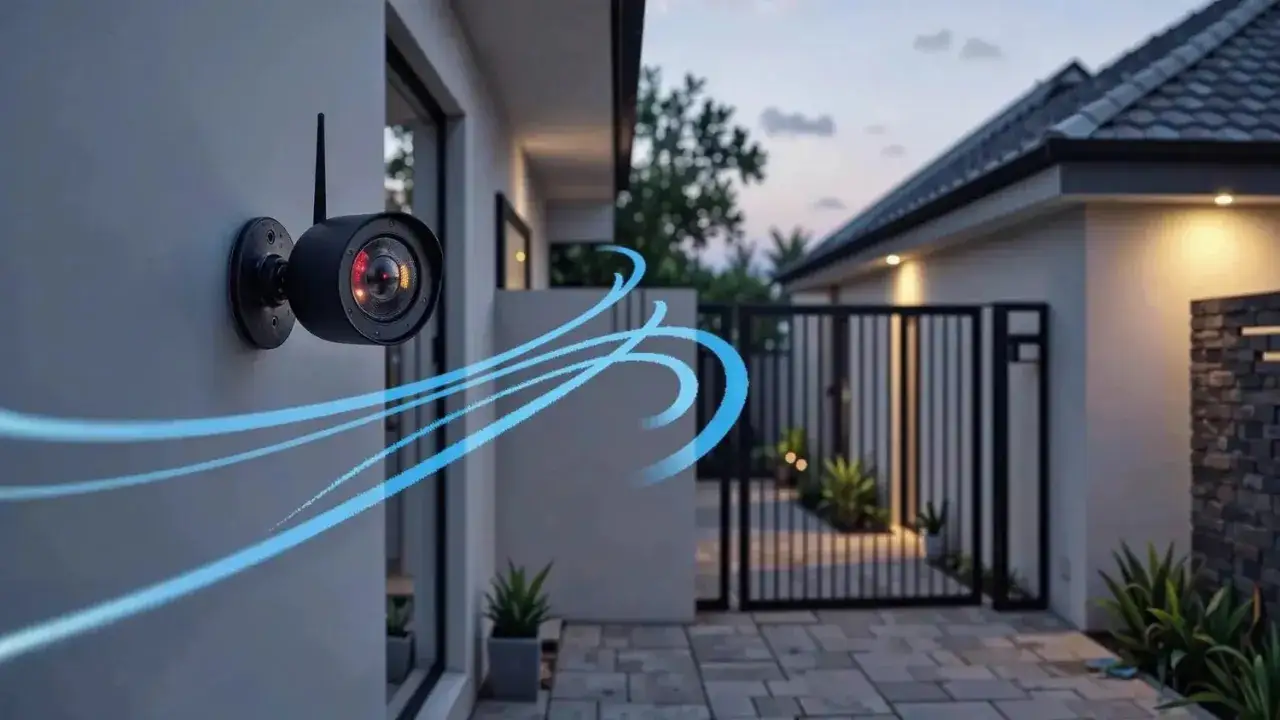 Ce type de cam&eacute;ra de surveillance ext&eacute;rieur, fix&eacute; au mur, surveille la propri&eacute;t&eacute; avec des ondes bleues symbolisant sa port&eacute;e.