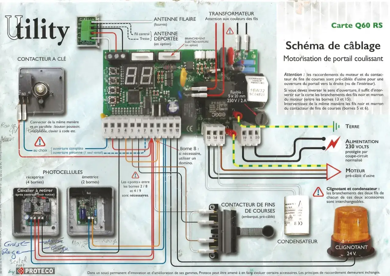 Sch&eacute;ma de c&acirc;blage pour motorisation de portail coulissant. Le cablage moteur portail coulissant est d&eacute;taill&eacute; avec transformateur, contacteur, photocellules et fins de courses.