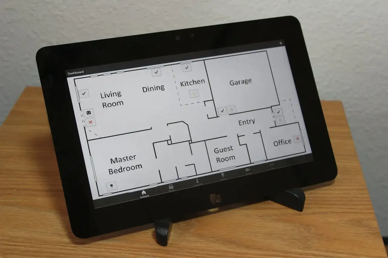 Tablette affichant un plan de maison avec des pi&egrave;ces nomm&eacute;es (salon, cuisine, garage, bureau). Une application domotique gratuite pour g&eacute;rer votre foyer.