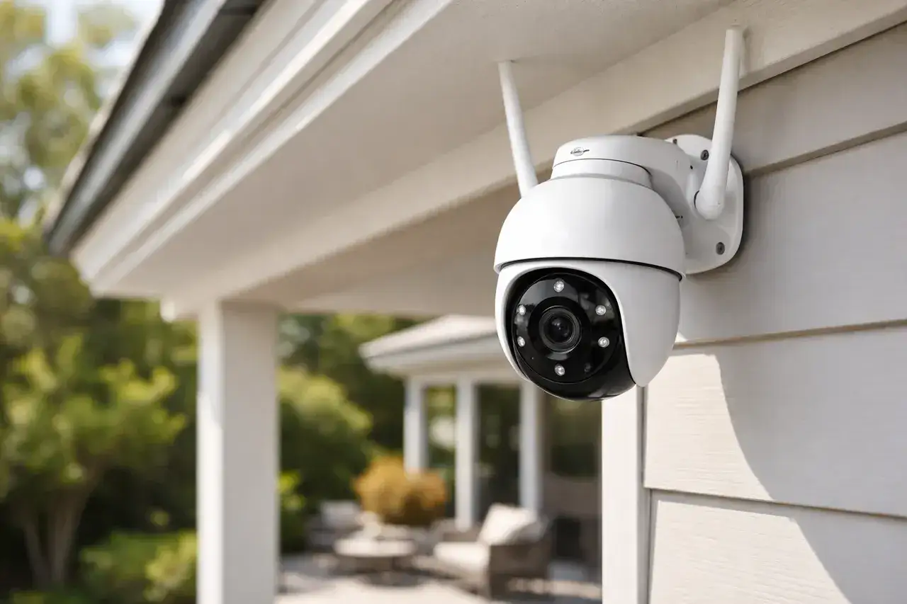 Cam&eacute;ra de s&eacute;curit&eacute; ext&eacute;rieure blanche avec technologie WDR, fix&eacute;e sur un mur de maison.