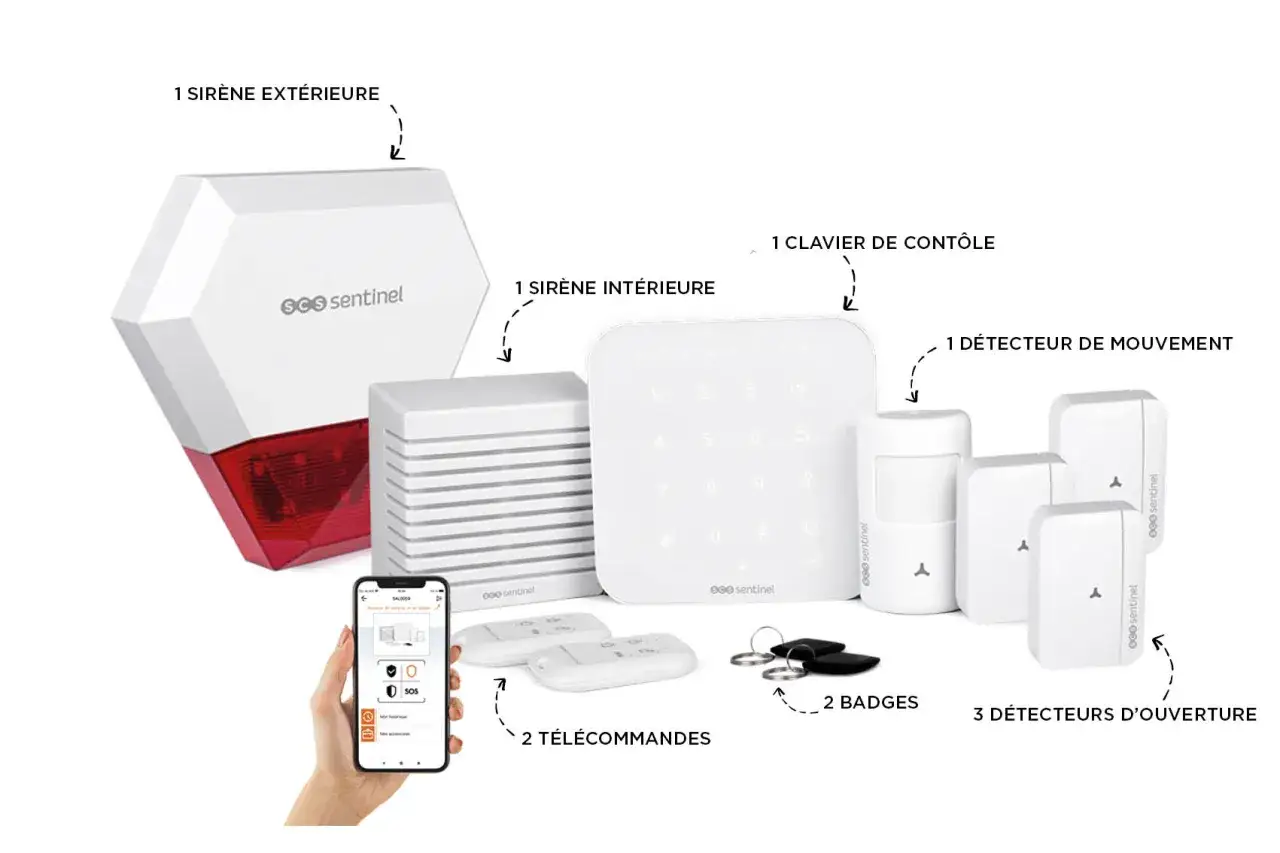 Kit d'alarme Sentinel : sirènes, clavier, détecteurs, télécommandes, badges. Une alarme carte SIM pour une sécurité connectée.