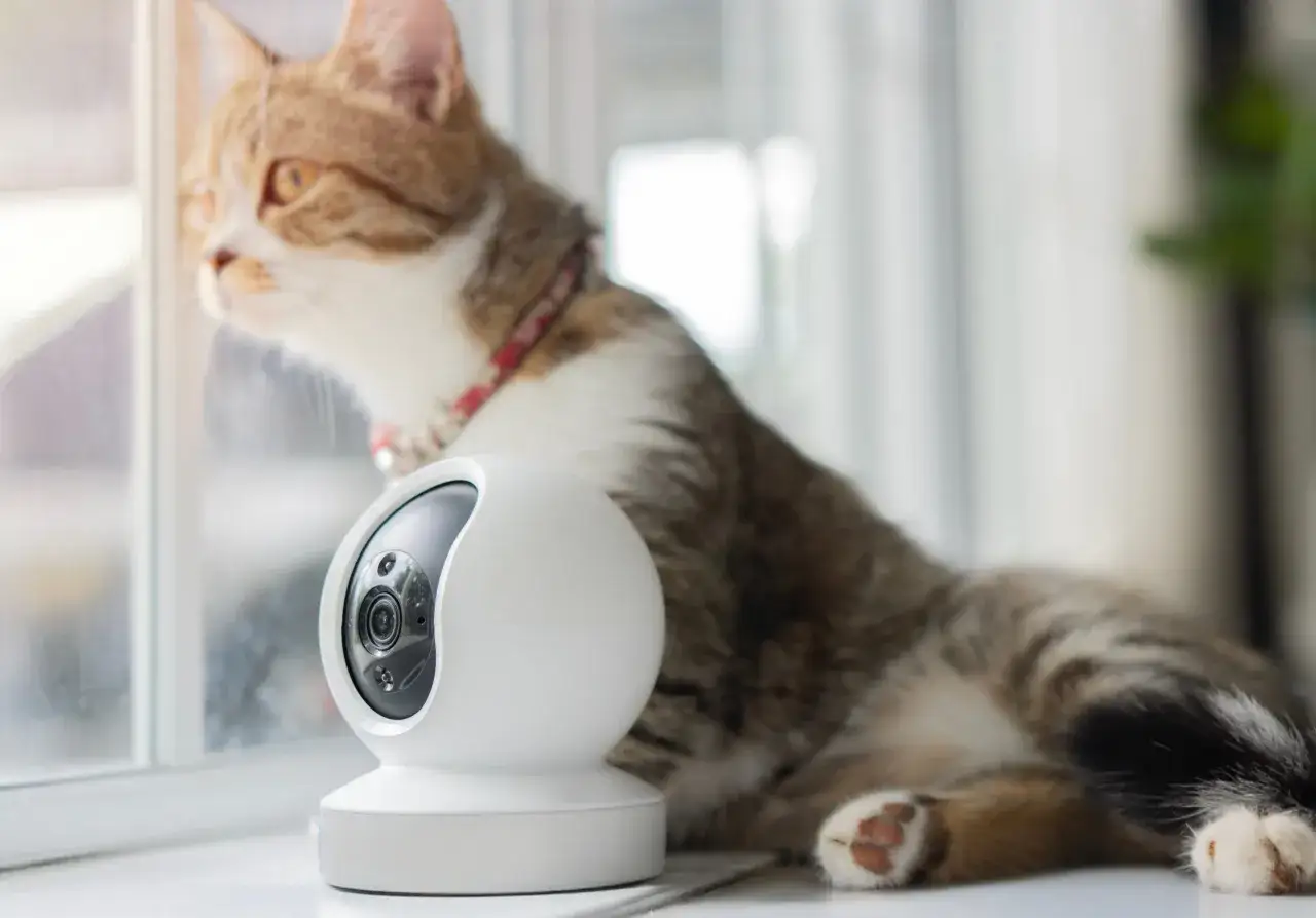 Un chat tigré, curieux, observe par la fenêtre, à côté d'une caméra de surveillance. Peut-il déclencher une alarme ?