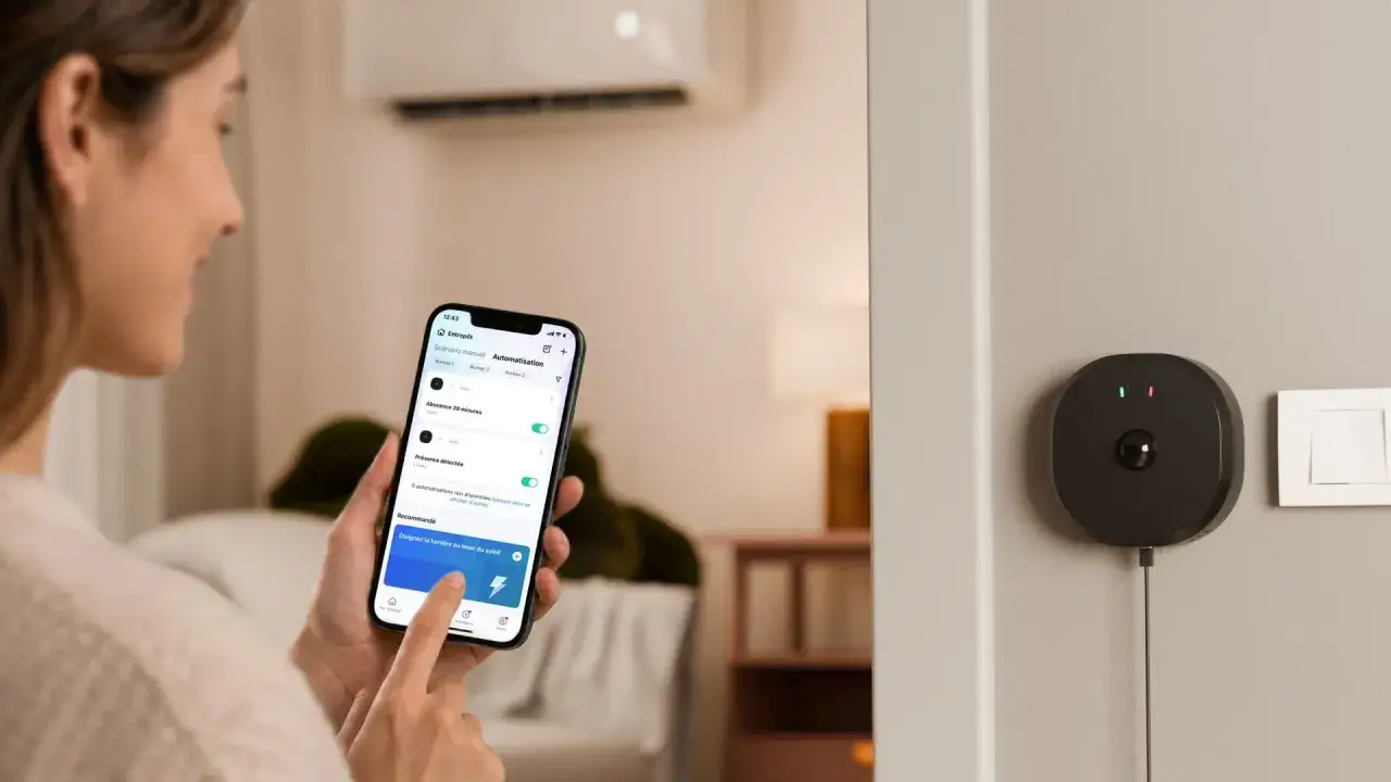 Une femme utilise son smartphone pour contrôler un thermostat Tuya. L'application affiche des scénarios d'automatisation pour la maison.