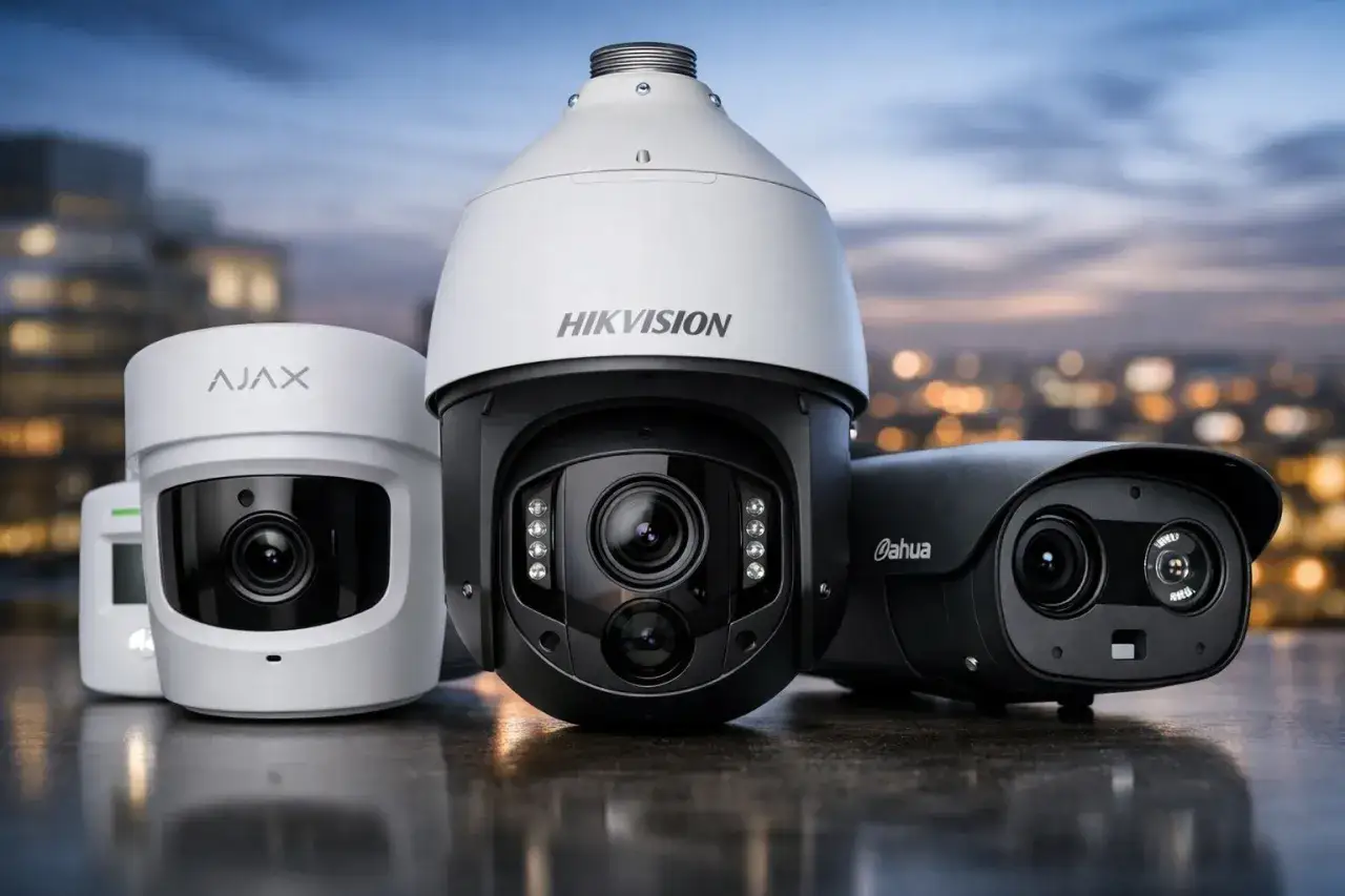 Trois cam&eacute;ras de surveillance, dont une Dahua, sont align&eacute;es sur un fond urbain nocturne.