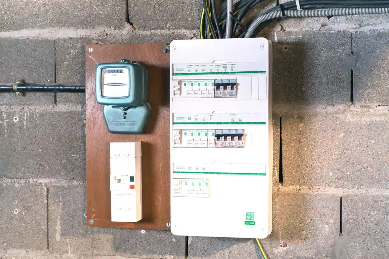 Tableau électrique avec un compteur, un disjoncteur principal et plusieurs disjoncteurs divisionnaires.