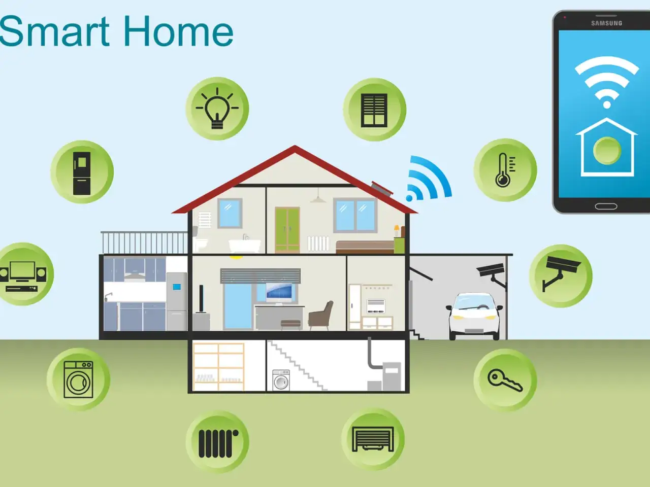 Maison connectée : quelle domotique choisir ? Illustration d'une maison avec ses appareils connectés (lumière, volets, frigo, etc.) et un smartphone.