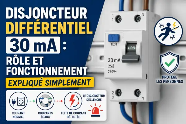 Un disjoncteur différentiel 30 mA protège les personnes. Il détecte les fuites de courant et coupe l'alimentation pour éviter les chocs électriques.