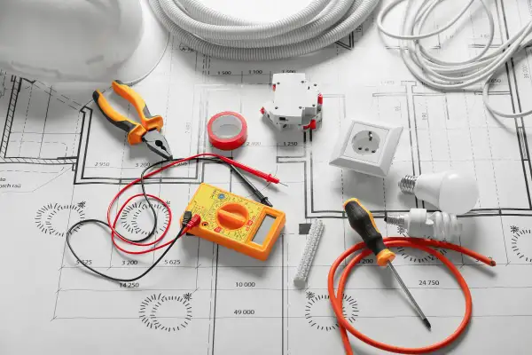 Outils d'électricien et composants sur un plan, pour un devis électricité exemple. Pince, multimètre, prise, ampoules, disjoncteur, ruban adhésif.