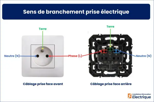 Schéma repiquage prise électrique : vue avant et arrière montrant le branchement du neutre (N), de la phase (L) et de la terre.